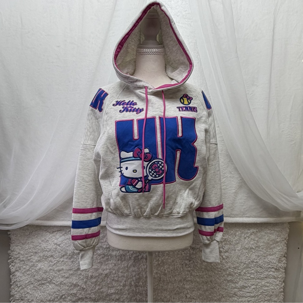 Hello Kitty Tennis Cropped Hoodie Ash Heather Grey Pink Blue Sanrio Small NEW